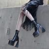 imageUacllcau Platform Boots for Women Mid Calf Boots Square Toe Chunky High Heel Boots Side Zipper Ankle BootiesBlack Pu