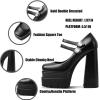 imageUacllcau Platform Pumps Chunky Heel for Women Mary Janes Sqaure Toe Double Buckle Stacked Party Dress Pumps Black Matte