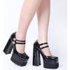 imageUacllcau Platform Pumps Chunky Heel for Women Mary Janes Sqaure Toe Double Buckle Stacked Party Dress Pumps Black Patent