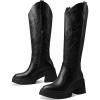 imageUacllcau Cowboy Boots for Women Knee High Boots Embroidered Western Cowgirl Boots Chunky Heel Pull Tab Round Toe Mid Calf Boots