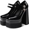 imageUacllcau Platform Pumps Chunky Heel for Women Mary Janes Sqaure Toe Double Buckle Stacked Party Dress Pumps Black Patent