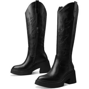 imageUacllcau Cowboy Boots for Women Knee High Boots Embroidered Western Cowgirl Boots Chunky Heel Pull Tab Round Toe Mid Calf Boots