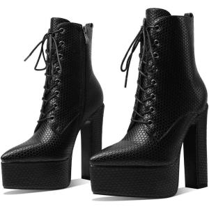 imageUacllcau High Heel Ankle Booties for Women Sexy Pointed Toe Weave Platform Boots Chunky Heel Laceup Side Zip Mid Calf Boots