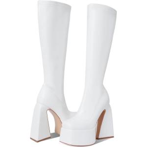 imageUacllcau Platform Boots for Women Mid Calf Boots Square Toe Chunky High Heel Boots Side Zipper Ankle Booties2white