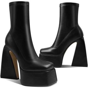 imageUacllcau Platform Boots for Women Mid Calf Boots Square Toe Chunky High Heel Boots Side Zipper Ankle BootiesBlack Pu