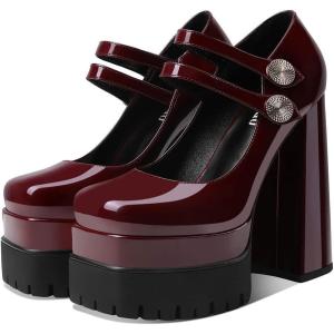 imageUacllcau Platform Pumps Chunky Heel for Women Mary Janes Sqaure Toe Double Buckle Stacked Party Dress Pumps