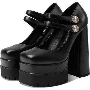 imageUacllcau Platform Pumps Chunky Heel for Women Mary Janes Sqaure Toe Double Buckle Stacked Party Dress Pumps Black Matte