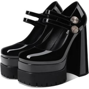 imageUacllcau Platform Pumps Chunky Heel for Women Mary Janes Sqaure Toe Double Buckle Stacked Party Dress Pumps Black Patent