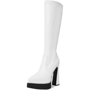 image:imageUacllcau White Platform Boots for Women Pointed Toe Knee High Boots Side Zip Stacked Chunky High Heel Mid Calf Gogo Boots