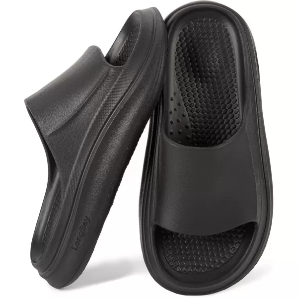 imageLongBay Cloud Slides for Women and Men Comfy Cushion Pillow Slippers for Indoor and Outdoor Thick Sole Supportive Non Slip Bathroom Shower ShoesBlack