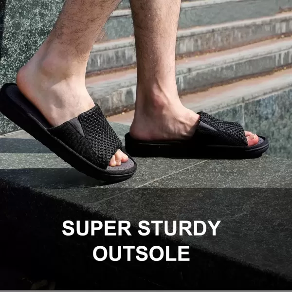 imageLongBay Mens Comfy Memory Foam Slide Slippers Breathable Mesh Cloth House ShoesBlack
