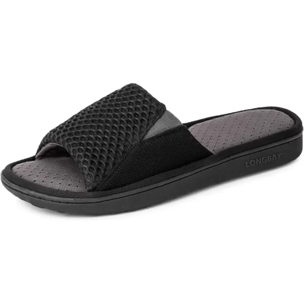 imageLongBay Mens Comfy Memory Foam Slide Slippers Breathable Mesh Cloth House ShoesBlack
