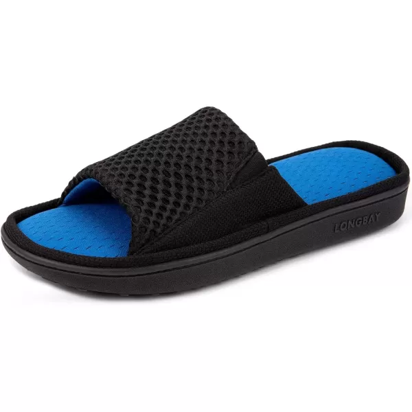 imageLongBay Mens Comfy Memory Foam Slide Slippers Breathable Mesh Cloth House ShoesBlue