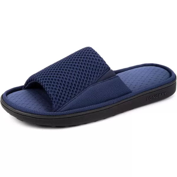 imageLongBay Mens Comfy Memory Foam Slide Slippers Breathable Mesh Cloth House ShoesNavy Blue