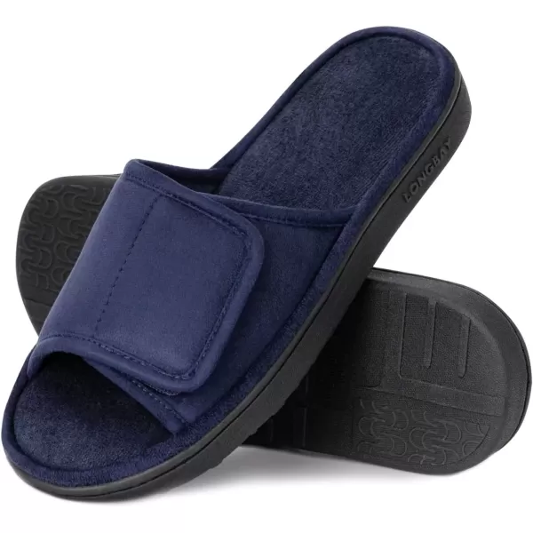 imageLongBay Mens Comfy Memory Foam Slide Slippers Breathable Micro Suede House ShoesNavy Blue