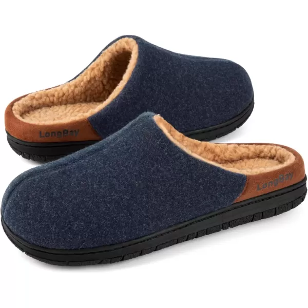 imageLongBay Mens Fuzzy Sherpa Lined Slippers Warm Memory Foam Nonslip Slippers Slipon House Shoes for Indoor OutdoorNavy Blue