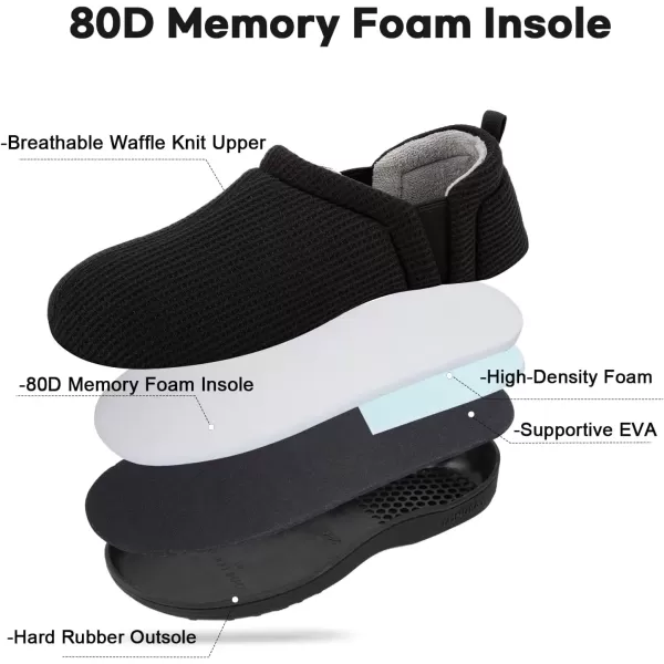 imageLongBay Mens Waffle Knit House Shoes Warm Cozy Slip On Memory Foam Slippers for Indoor OutdoorBlack