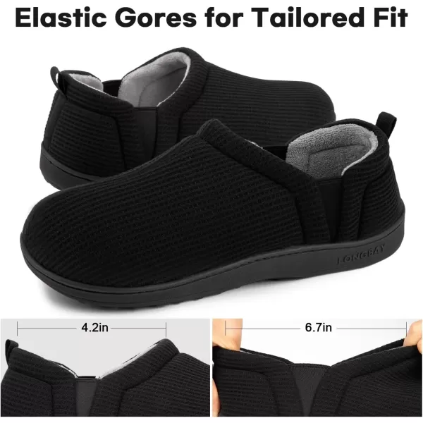 imageLongBay Mens Waffle Knit House Shoes Warm Cozy Slip On Memory Foam Slippers for Indoor OutdoorBlack