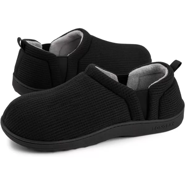 imageLongBay Mens Waffle Knit House Shoes Warm Cozy Slip On Memory Foam Slippers for Indoor OutdoorBlack