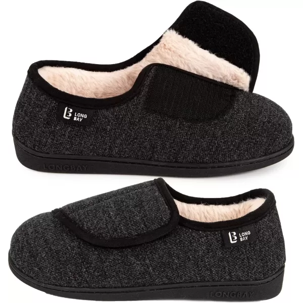 imageLongBay Womens Adjustable Slippers Non Slip Wide House Shoes Indoor Outdoor Diabetic Swollen FeetBlack
