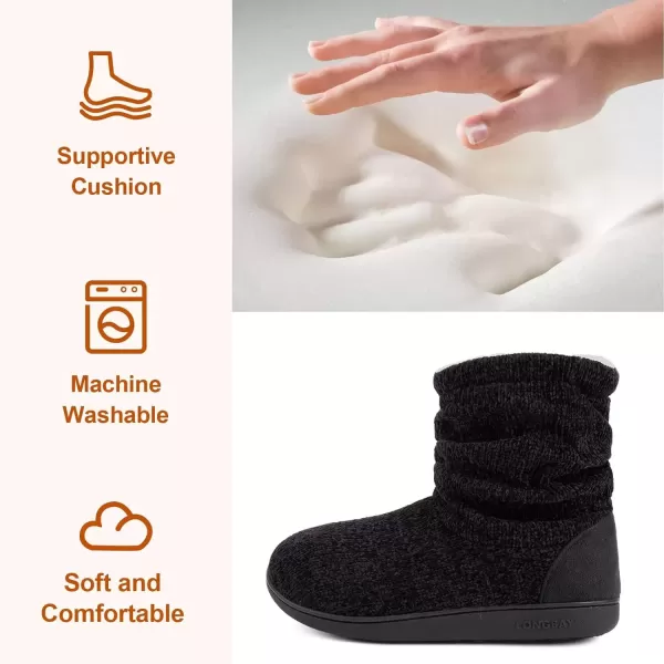 imageLongBay Womens Chenille Knit Bootie Slippers Cute Warm Plush Fleece Memory Foam House ShoesBlack