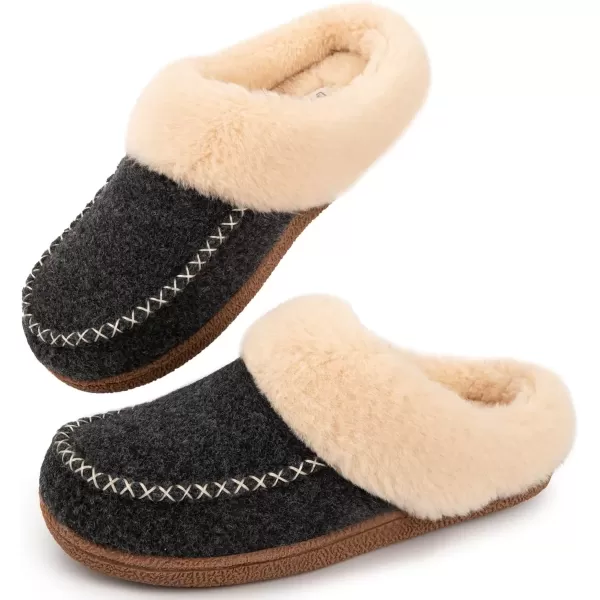 imageLongBay Womens Felt Sherpa Bedroom Slippers Warm Cozy WoolLike Moccasin Slippers for Indoor Outdoor Winter Memory Foam House Shoes SlipOn with Fuzzy Plush LiningFuzzy Black