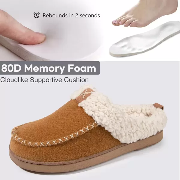 imageLongBay Womens Felt Sherpa Bedroom Slippers Warm Cozy WoolLike Moccasin Slippers for Indoor Outdoor Winter Memory Foam House Shoes SlipOn with Fuzzy Plush LiningCamel