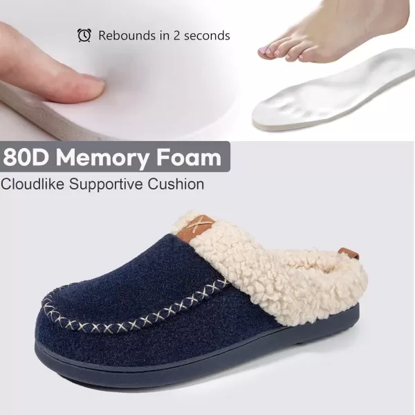 imageLongBay Womens Felt Sherpa Bedroom Slippers Warm Cozy WoolLike Moccasin Slippers for Indoor Outdoor Winter Memory Foam House Shoes SlipOn with Fuzzy Plush LiningNavy Blue