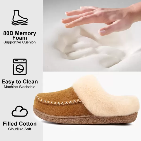imageLongBay Womens Felt Sherpa Bedroom Slippers Warm Cozy WoolLike Moccasin Slippers for Indoor Outdoor Winter Memory Foam House Shoes SlipOn with Fuzzy Plush LiningFuzzy Camel