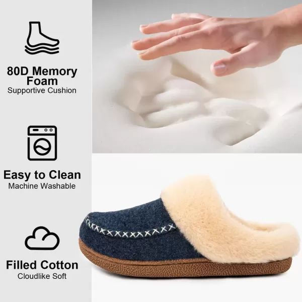 imageLongBay Womens Felt Sherpa Bedroom Slippers Warm Cozy WoolLike Moccasin Slippers for Indoor Outdoor Winter Memory Foam House Shoes SlipOn with Fuzzy Plush LiningFuzzy Blue