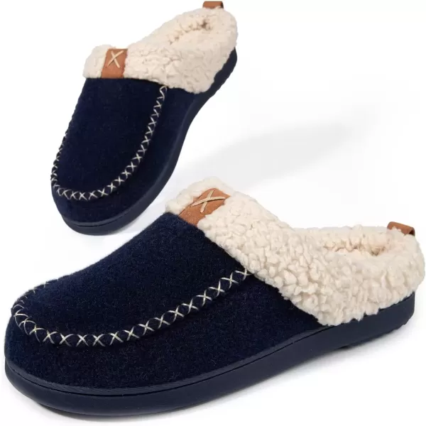 imageLongBay Womens Felt Sherpa Bedroom Slippers Warm Cozy WoolLike Moccasin Slippers for Indoor Outdoor Winter Memory Foam House Shoes SlipOn with Fuzzy Plush LiningNavy Blue