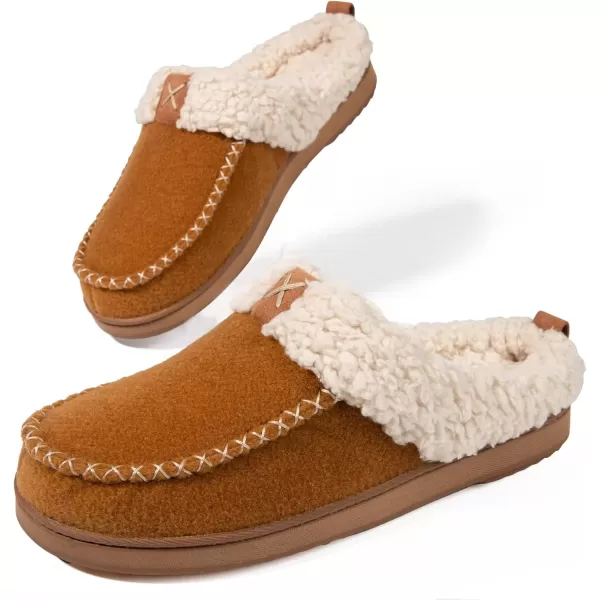 imageLongBay Womens Felt Sherpa Bedroom Slippers Warm Cozy WoolLike Moccasin Slippers for Indoor Outdoor Winter Memory Foam House Shoes SlipOn with Fuzzy Plush LiningCamel