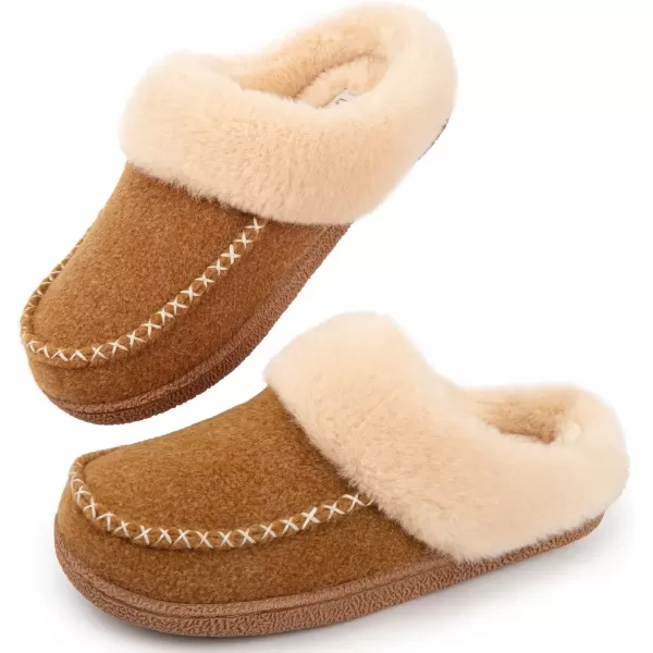 imageLongBay Womens Felt Sherpa Bedroom Slippers Warm Cozy WoolLike Moccasin Slippers for Indoor Outdoor Winter Memory Foam House Shoes SlipOn with Fuzzy Plush LiningFuzzy Camel
