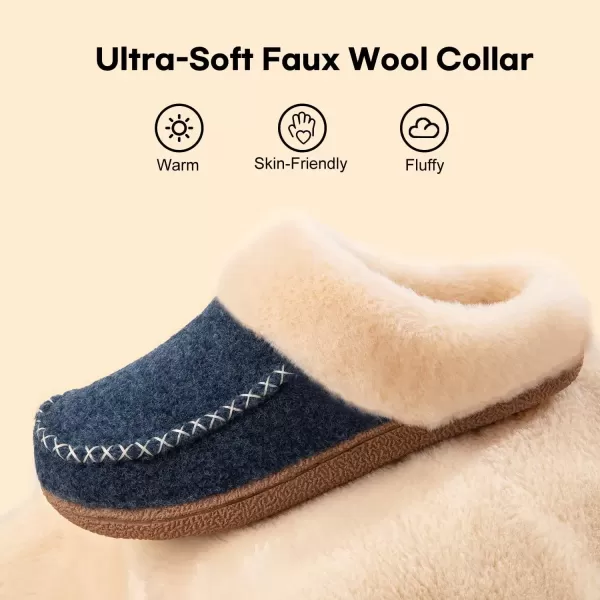 imageLongBay Womens Felt Sherpa Bedroom Slippers Warm Cozy WoolLike Moccasin Slippers for Indoor Outdoor Winter Memory Foam House Shoes SlipOn with Fuzzy Plush LiningFuzzy Blue