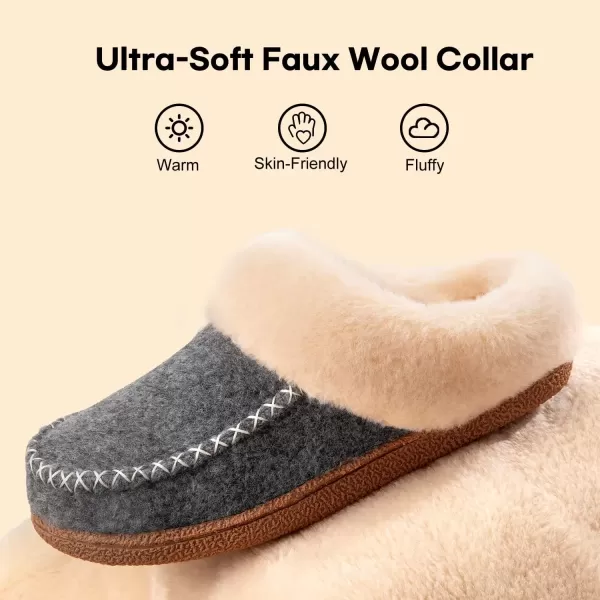 imageLongBay Womens Felt Sherpa Bedroom Slippers Warm Cozy WoolLike Moccasin Slippers for Indoor Outdoor Winter Memory Foam House Shoes SlipOn with Fuzzy Plush LiningFuzzy Grey