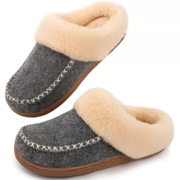imageLongBay Womens Felt Sherpa Bedroom Slippers Warm Cozy WoolLike Moccasin Slippers for Indoor Outdoor Winter Memory Foam House Shoes SlipOn with Fuzzy Plush LiningFuzzy Grey