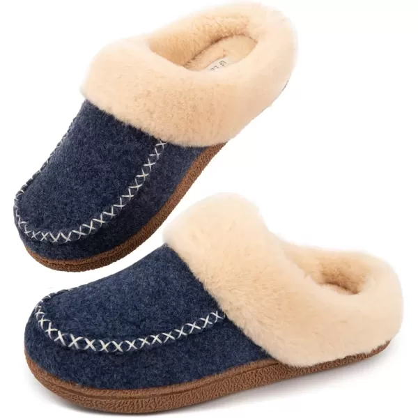 imageLongBay Womens Felt Sherpa Bedroom Slippers Warm Cozy WoolLike Moccasin Slippers for Indoor Outdoor Winter Memory Foam House Shoes SlipOn with Fuzzy Plush LiningFuzzy Blue