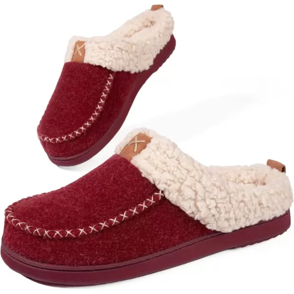imageLongBay Womens Felt Sherpa Bedroom Slippers Warm Cozy WoolLike Moccasin Slippers for Indoor Outdoor Winter Memory Foam House Shoes SlipOn with Fuzzy Plush LiningBurgundy Red