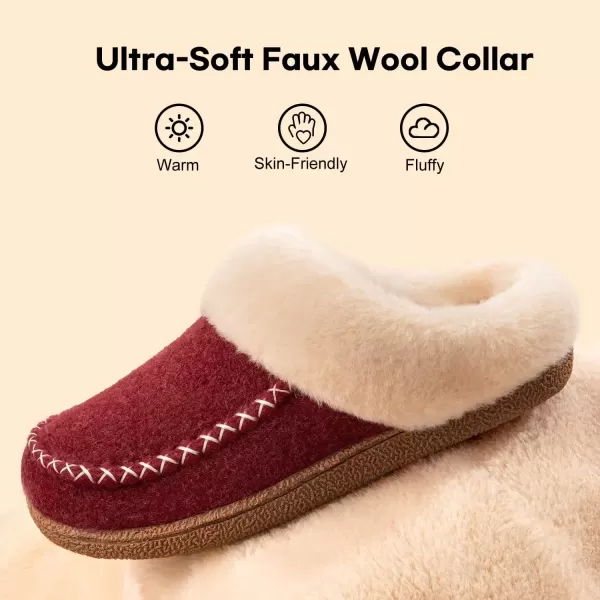 imageLongBay Womens Felt Sherpa Bedroom Slippers Warm Cozy WoolLike Moccasin Slippers for Indoor Outdoor Winter Memory Foam House Shoes SlipOn with Fuzzy Plush LiningFuzzy Red