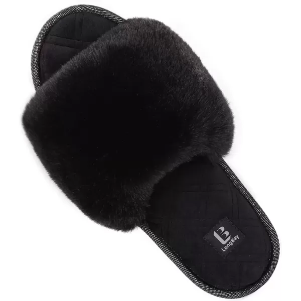 imageLongBay Womens Fuzzy Faux Fur Memory Foam Cozy Flat Spa Slide Slippers Comfy Open Toe Slip On House Shoes SandalsBlack
