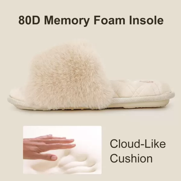 imageLongBay Womens Fuzzy Faux Fur Memory Foam Cozy Flat Spa Slide Slippers Comfy Open Toe Slip On House Shoes SandalsCream