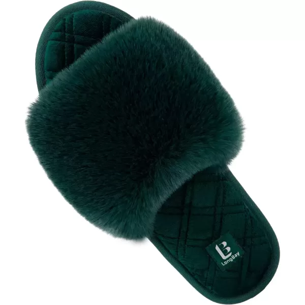 imageLongBay Womens Fuzzy Faux Fur Memory Foam Cozy Flat Spa Slide Slippers Comfy Open Toe Slip On House Shoes SandalsGreen
