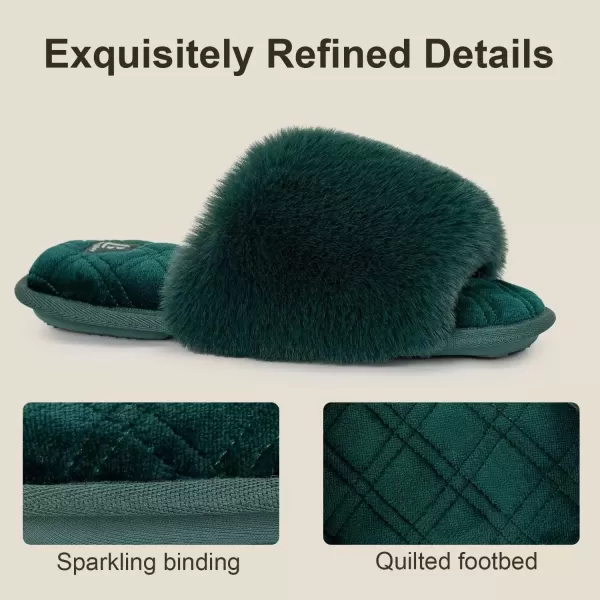 imageLongBay Womens Fuzzy Faux Fur Memory Foam Cozy Flat Spa Slide Slippers Comfy Open Toe Slip On House Shoes SandalsGreen
