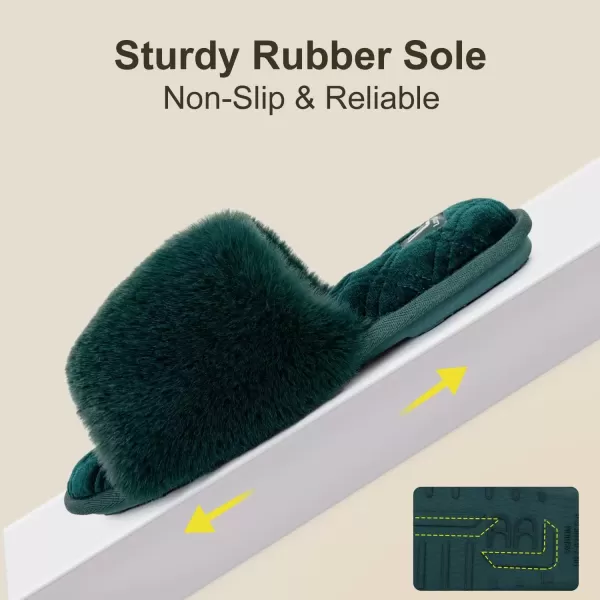 imageLongBay Womens Fuzzy Faux Fur Memory Foam Cozy Flat Spa Slide Slippers Comfy Open Toe Slip On House Shoes SandalsGreen