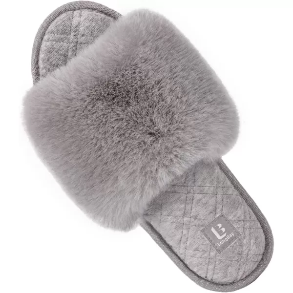 imageLongBay Womens Fuzzy Faux Fur Memory Foam Cozy Flat Spa Slide Slippers Comfy Open Toe Slip On House Shoes SandalsGrey