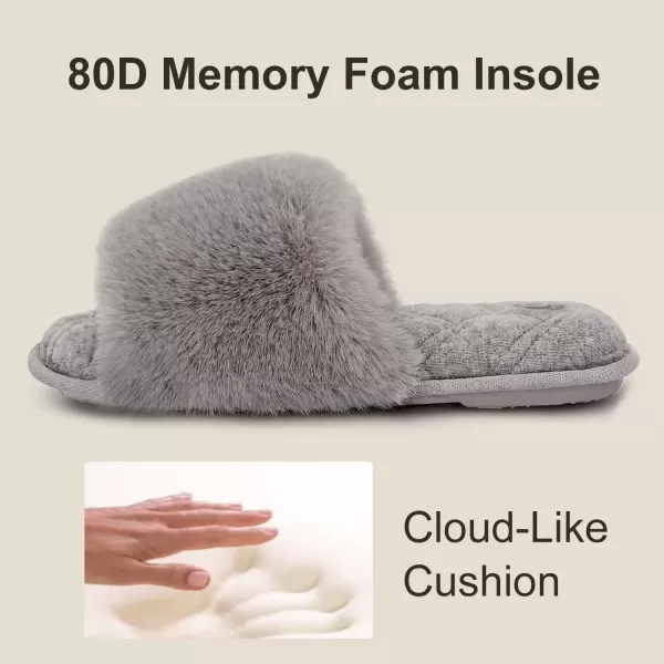 imageLongBay Womens Fuzzy Faux Fur Memory Foam Cozy Flat Spa Slide Slippers Comfy Open Toe Slip On House Shoes SandalsGrey