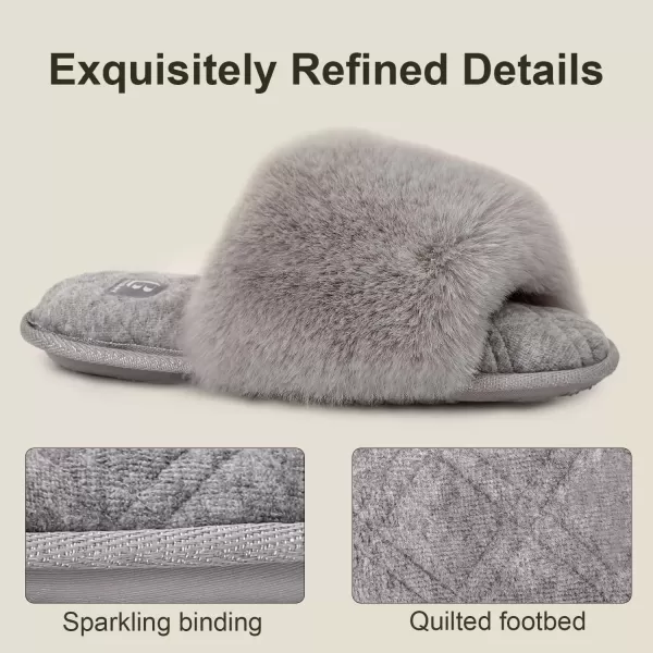 imageLongBay Womens Fuzzy Faux Fur Memory Foam Cozy Flat Spa Slide Slippers Comfy Open Toe Slip On House Shoes SandalsGrey