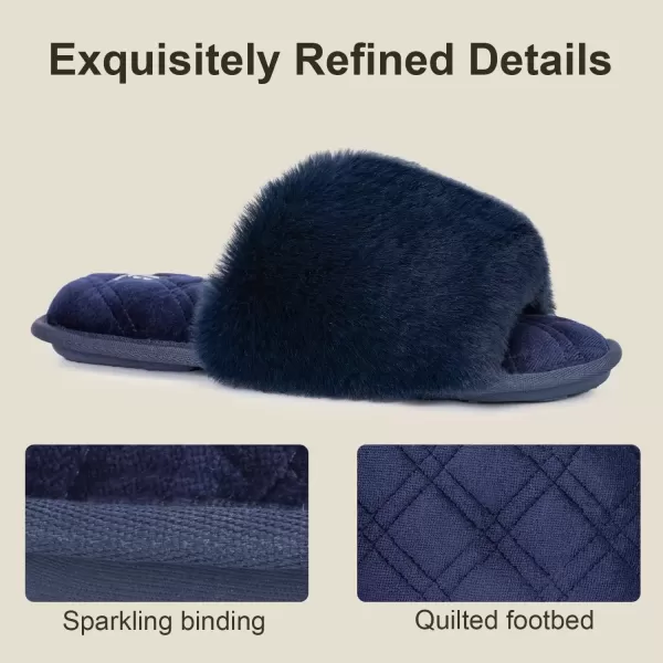 imageLongBay Womens Fuzzy Faux Fur Memory Foam Cozy Flat Spa Slide Slippers Comfy Open Toe Slip On House Shoes SandalsNavy Blue