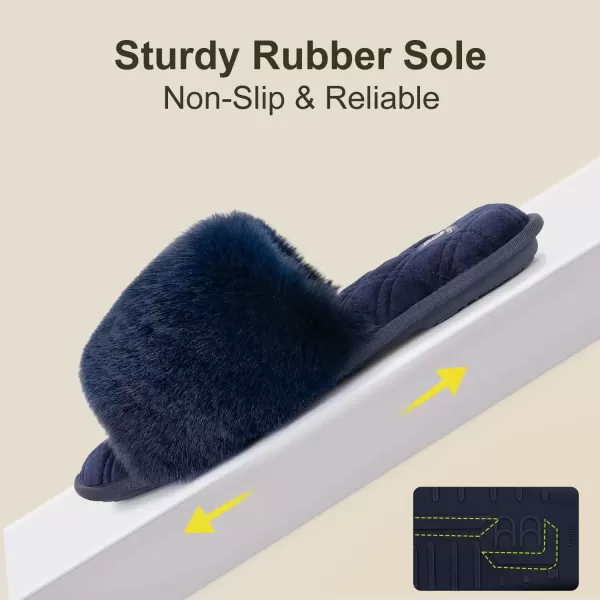 imageLongBay Womens Fuzzy Faux Fur Memory Foam Cozy Flat Spa Slide Slippers Comfy Open Toe Slip On House Shoes SandalsNavy Blue