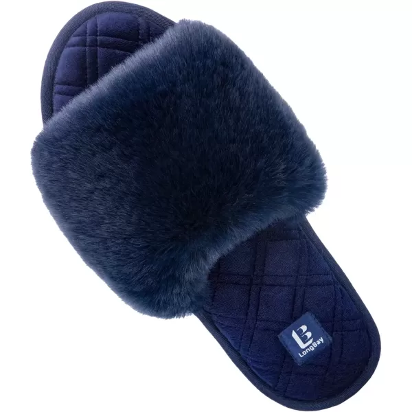 imageLongBay Womens Fuzzy Faux Fur Memory Foam Cozy Flat Spa Slide Slippers Comfy Open Toe Slip On House Shoes SandalsNavy Blue